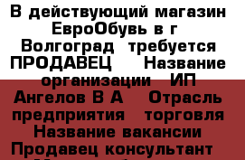 В действующий магазин ЕвроОбувь в г. Волгоград, требуется ПРОДАВЕЦ.  › Название организации ­ ИП Ангелов В.А. › Отрасль предприятия ­ торговля › Название вакансии ­ Продавец-консультант › Место работы ­  г. Волгоград, ул. Рабоче-Крестьянская 9Б  - Волгоградская обл., Волгоград г. Работа » Вакансии   